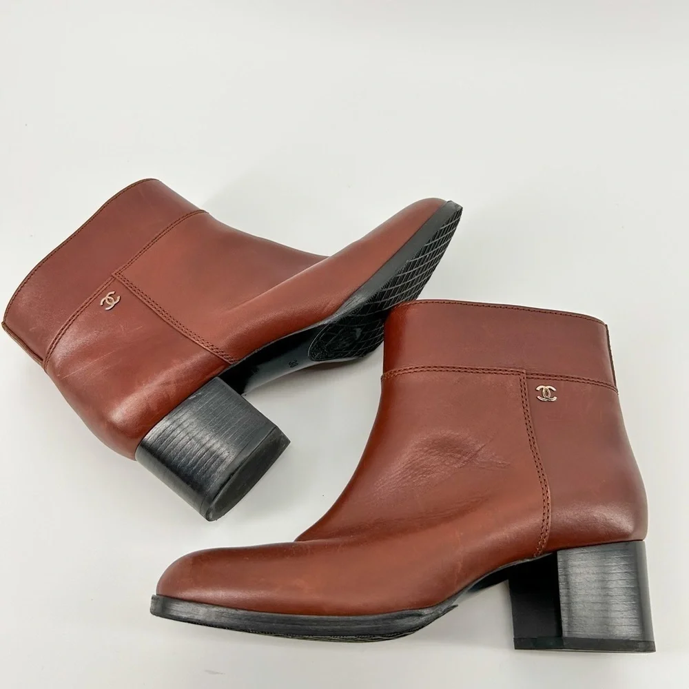 Chanel Caramel Cognac Brown Ankle Boots Logo Size 38